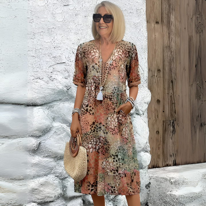 Soft midi dress with v-neck for women