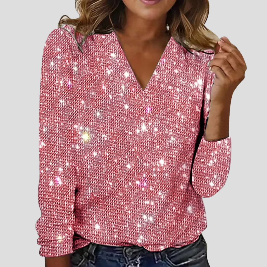 Elegant glitterbluse med V-hals og lange ermer