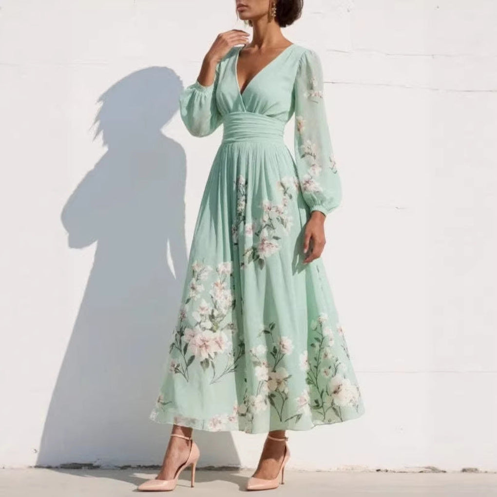 Womens Spring Chiffon Long-Sleeve Pleated Dress