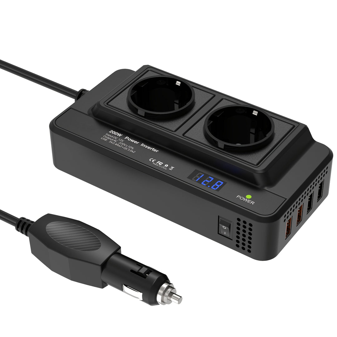Kompakt bilinverter 200W – To stikkontakter og fire USB-porter