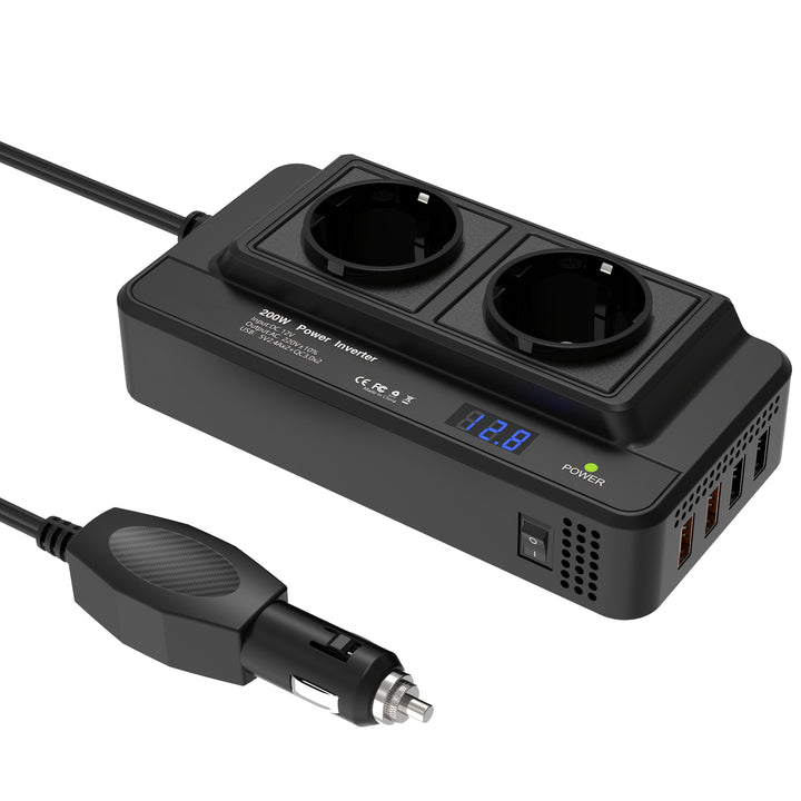 Kompakt bilinverter 200W – To stikkontakter og fire USB-porter