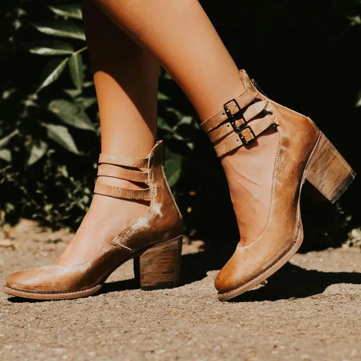 Vintage-inspired pumps with ankle strap and chunky heel