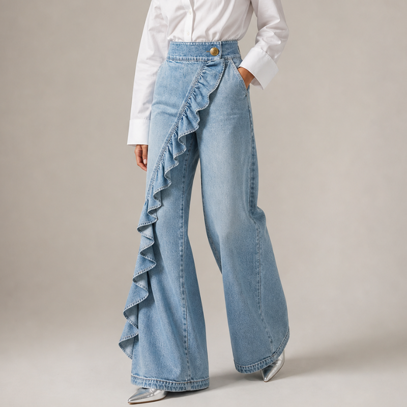 Vid dendimbukse til dame med asymmetrisk volang, culotte-stil