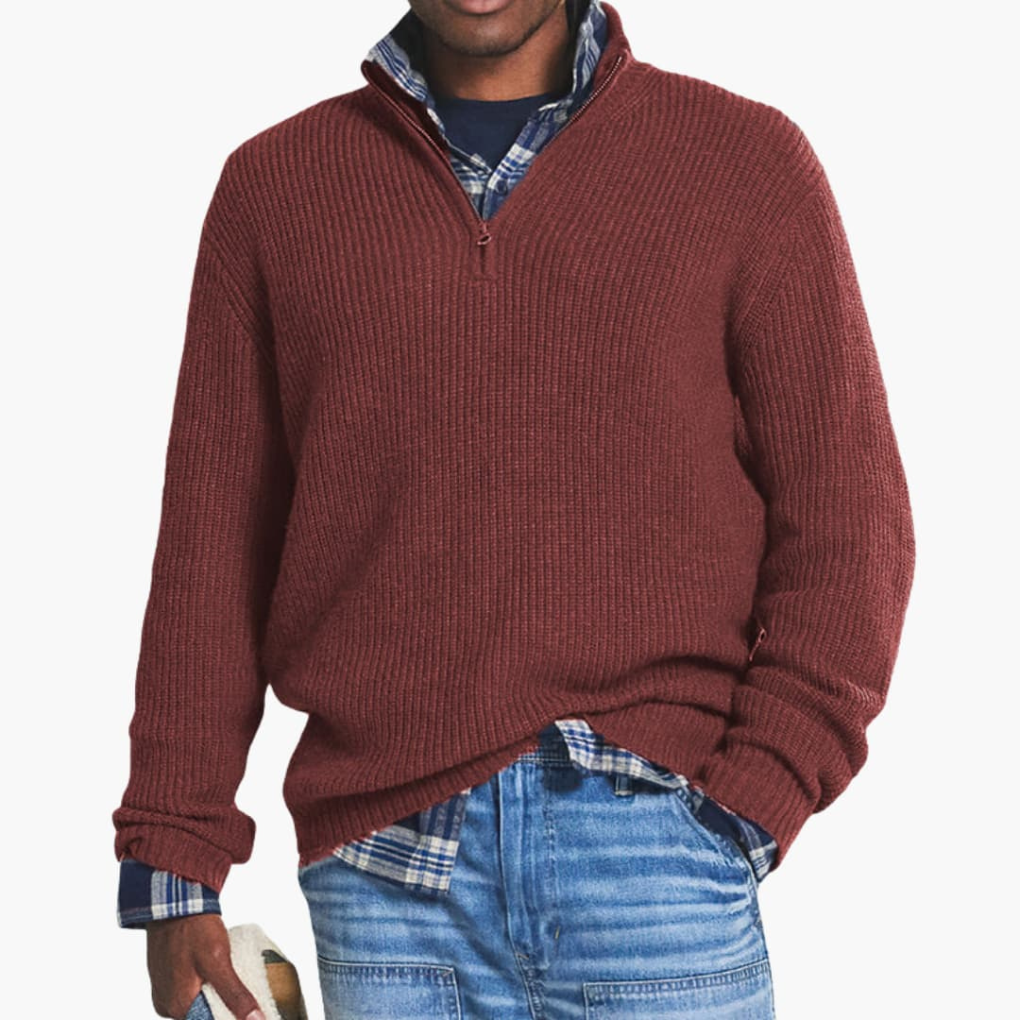 Menns Ribbet Strikket Pullover med Halv-Glidelås Hals