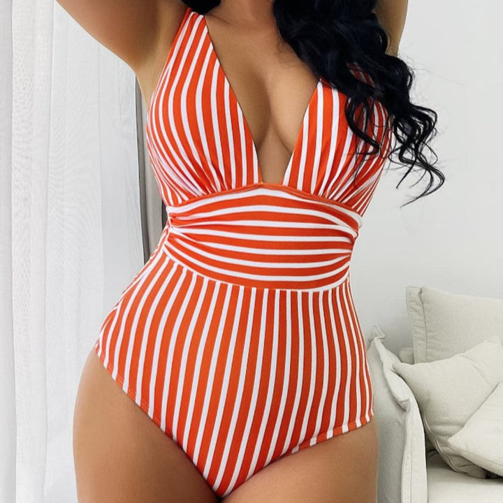 Swimsuit with halterneck neckline and stripes for women