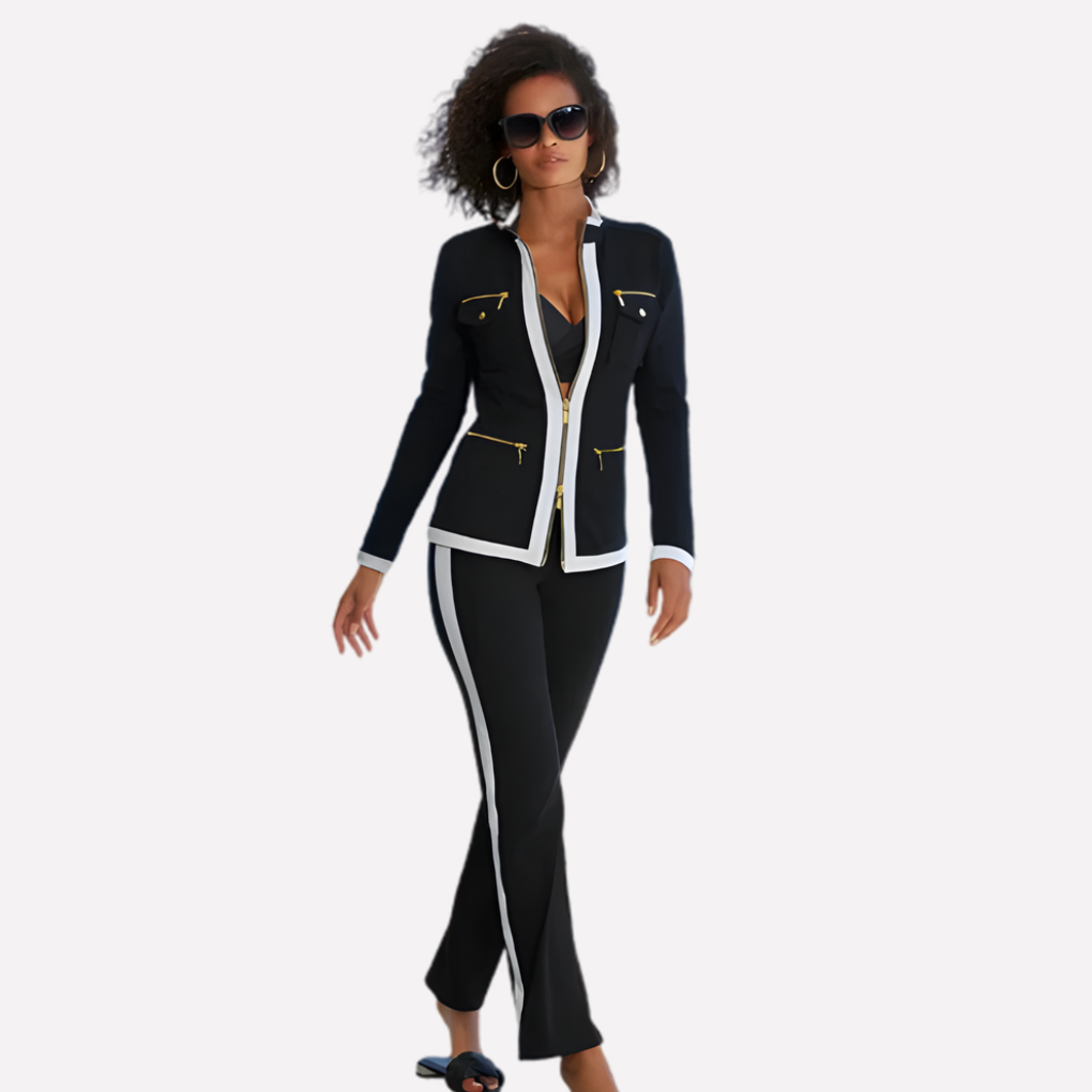 Kvinners Zip Jakke & Bukse Sett – Kontrast Trim Stil