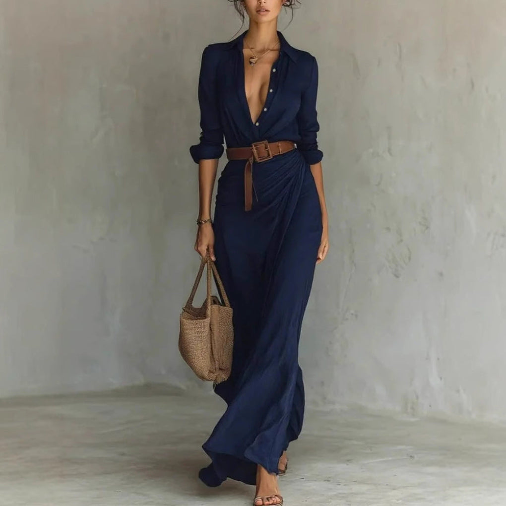 Irregular Long Dress With Belt And Button Lapel Long-Sleeved Shirt Dress