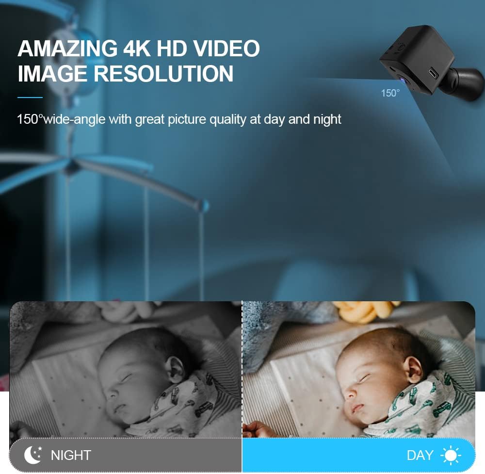 Miniovervåkingskamera 4K med Wi-Fi, skjult innendørskamera og nattsyn