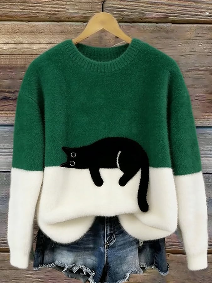 Oversized genser med kattetrykk