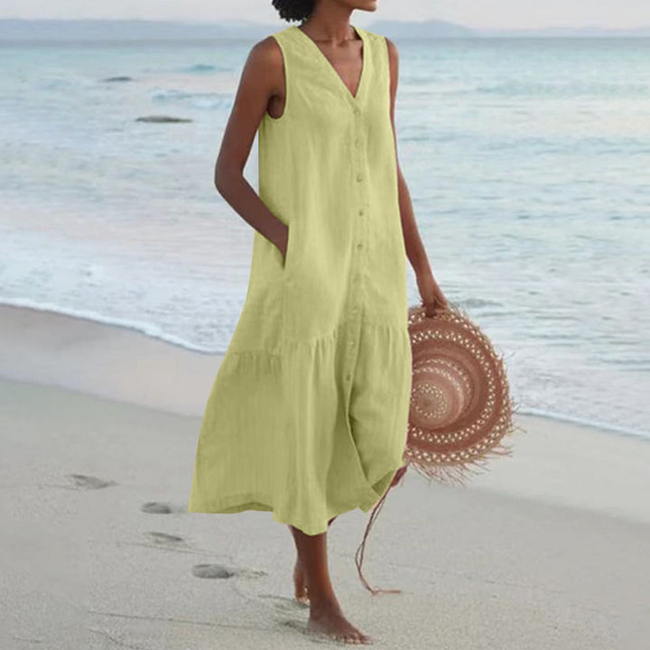Female Pure Color Cotton Strap Type Temperament Long Dress
