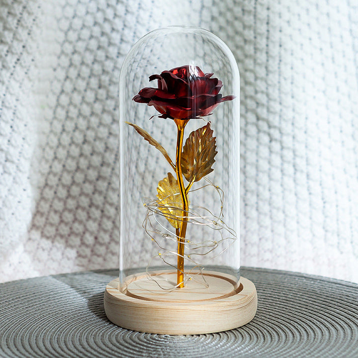 Rose under glasskuppel med LED-lys, romantisk gave