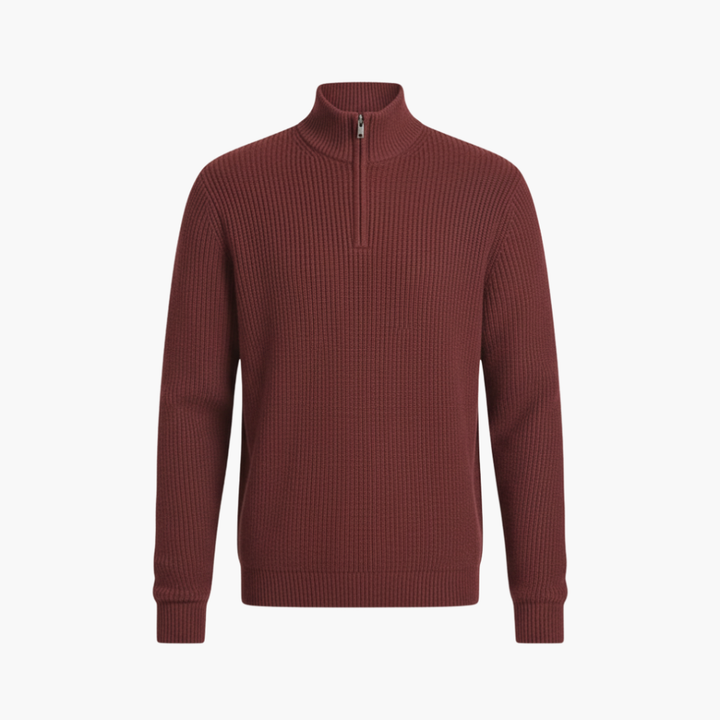 Menns Ribbet Strikket Pullover med Halv-Glidelås Hals