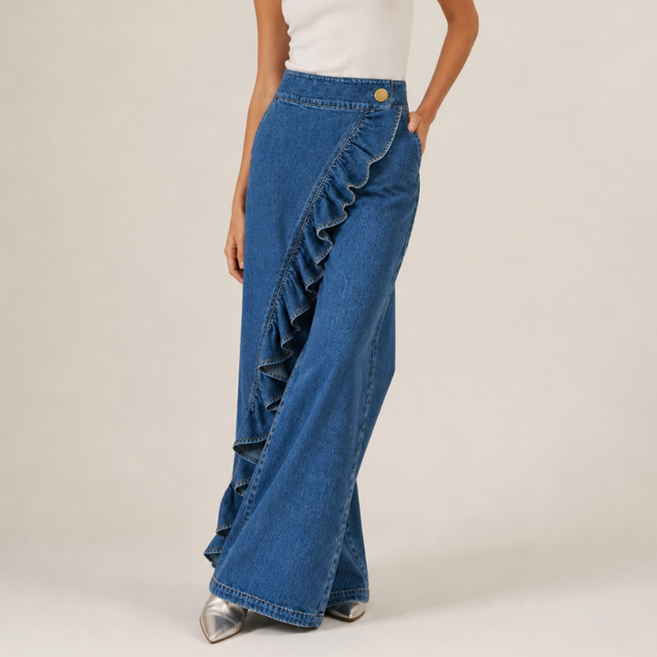 Vid dendimbukse til dame med asymmetrisk volang, culotte-stil