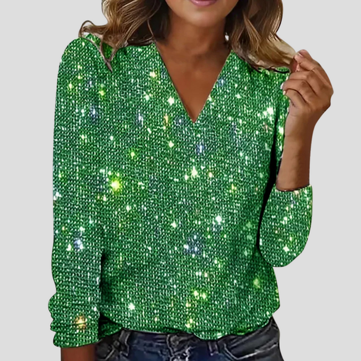 Elegant glitterbluse med V-hals og lange ermer