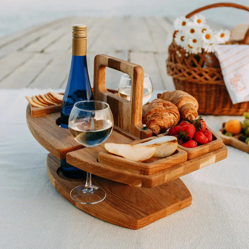 Portable wooden wine table for picnic