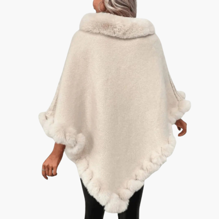 Kvinners Strikket Poncho med Faux Fur Kant og Oversized Passform
