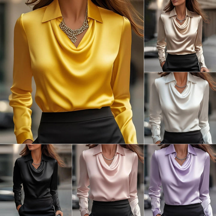 Women's Swing Collar Draped Shirts &amp; Blouses Elegant Solid Satin Office Ladies Top Pullover Spring Long Sleeve Casual Tops