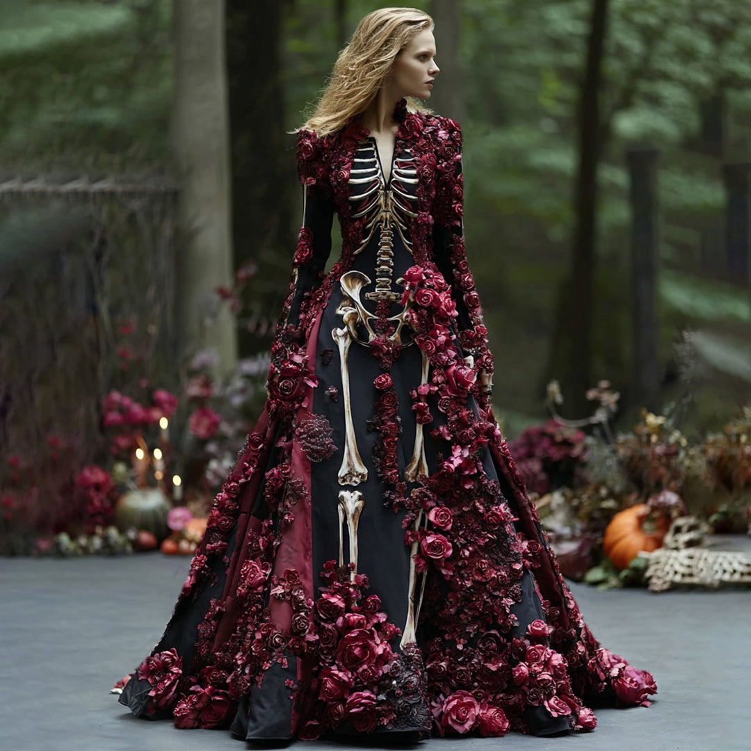 Maxikjole med lange ermer og skjelett-blomstermønster til halloweenfest