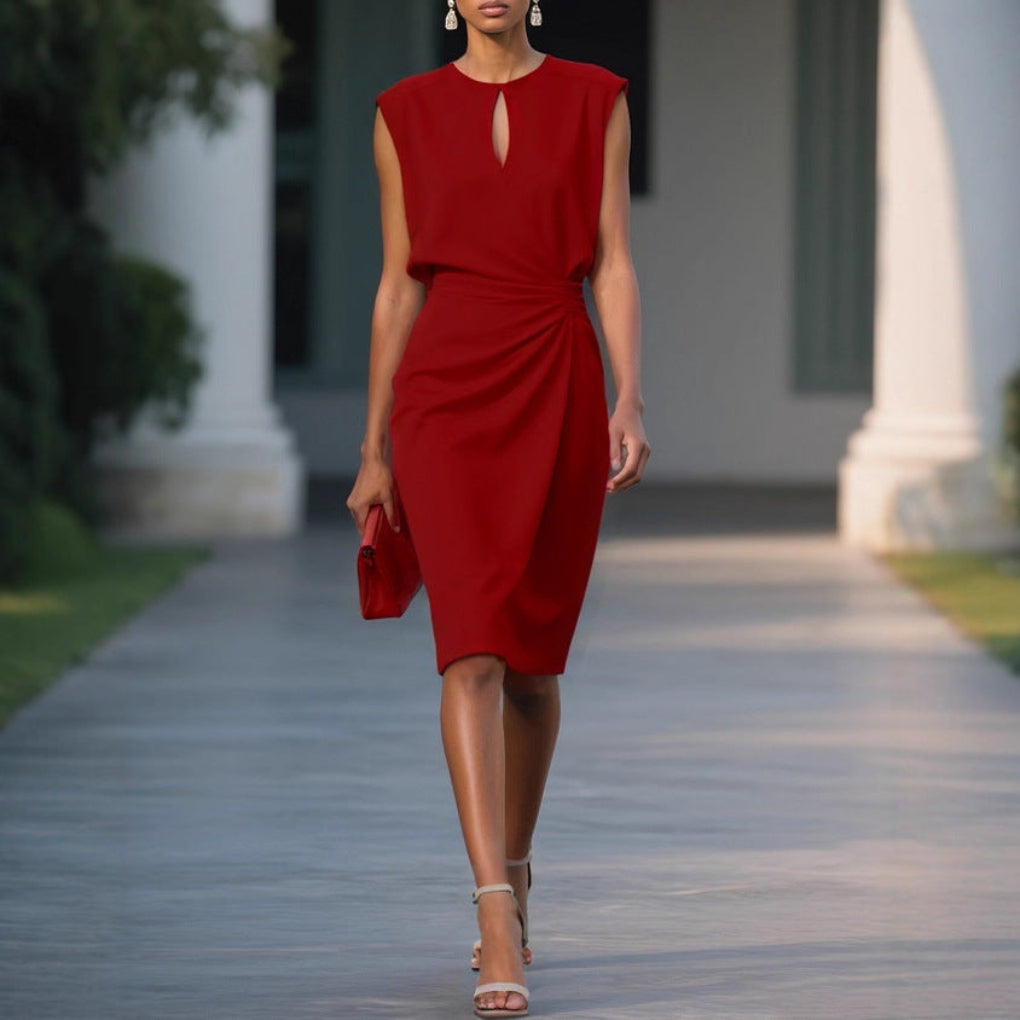 Solid Colour Cross Front Knotted Round Neck Hollow Out Midi Dress