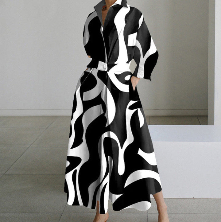 Long-Sleeve Blouse Elastic Waist Swing Dress