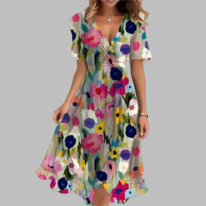 Stylish midi dress with floral pattern and gathers for women