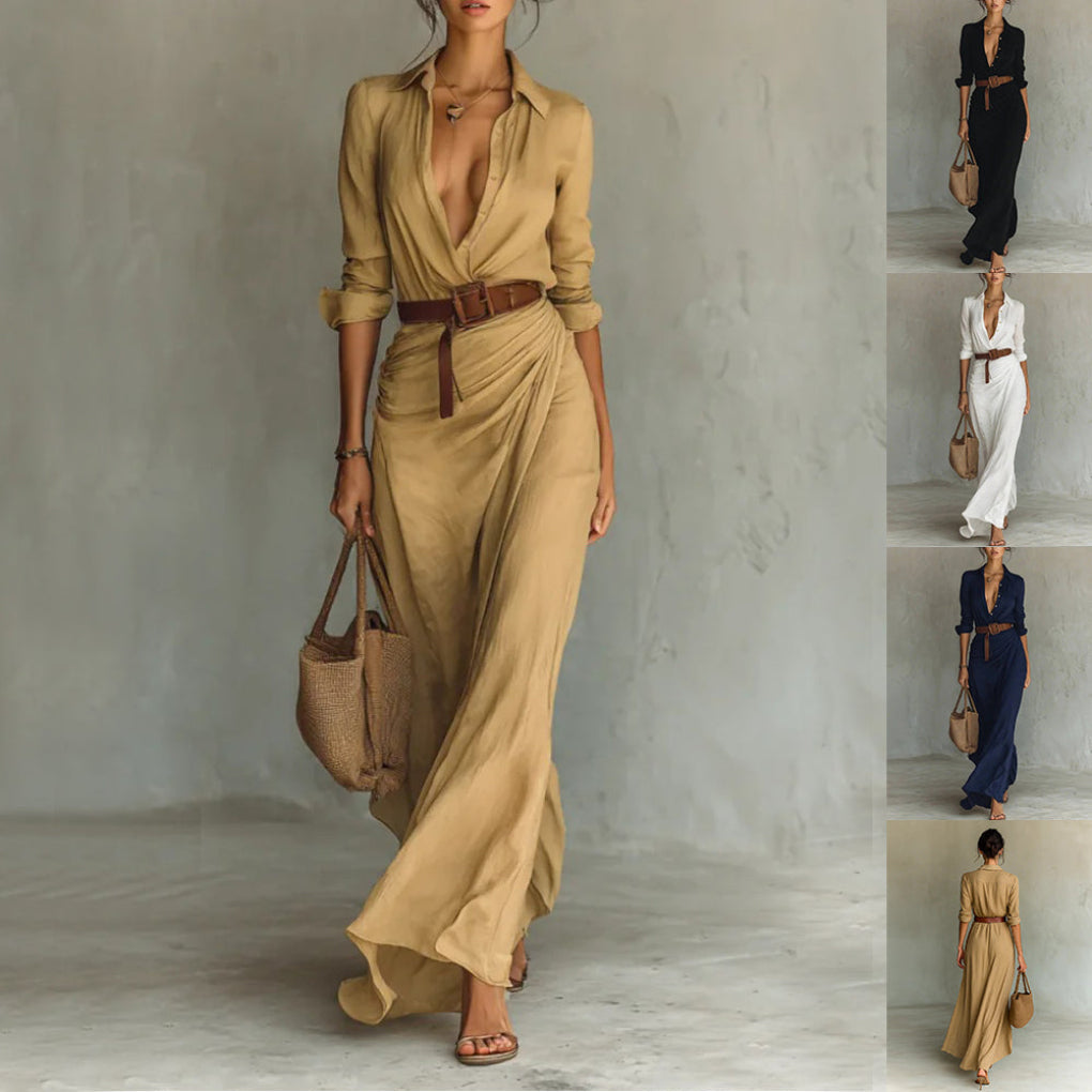 Irregular Long Dress With Belt And Button Lapel Long-Sleeved Shirt Dress