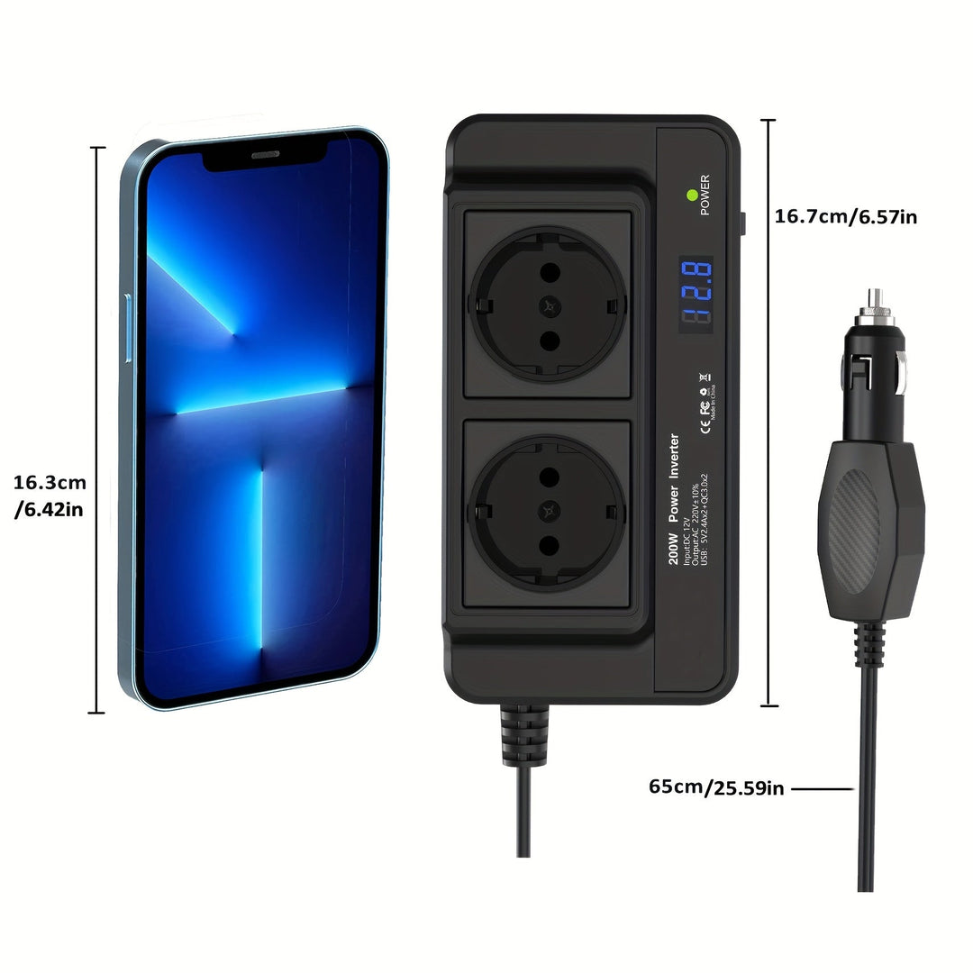 Kompakt bilinverter 200W – To stikkontakter og fire USB-porter