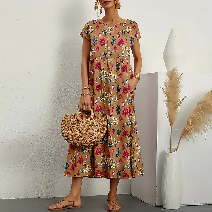 Women's dress in cotton and linen blend with relaxed midi pattern