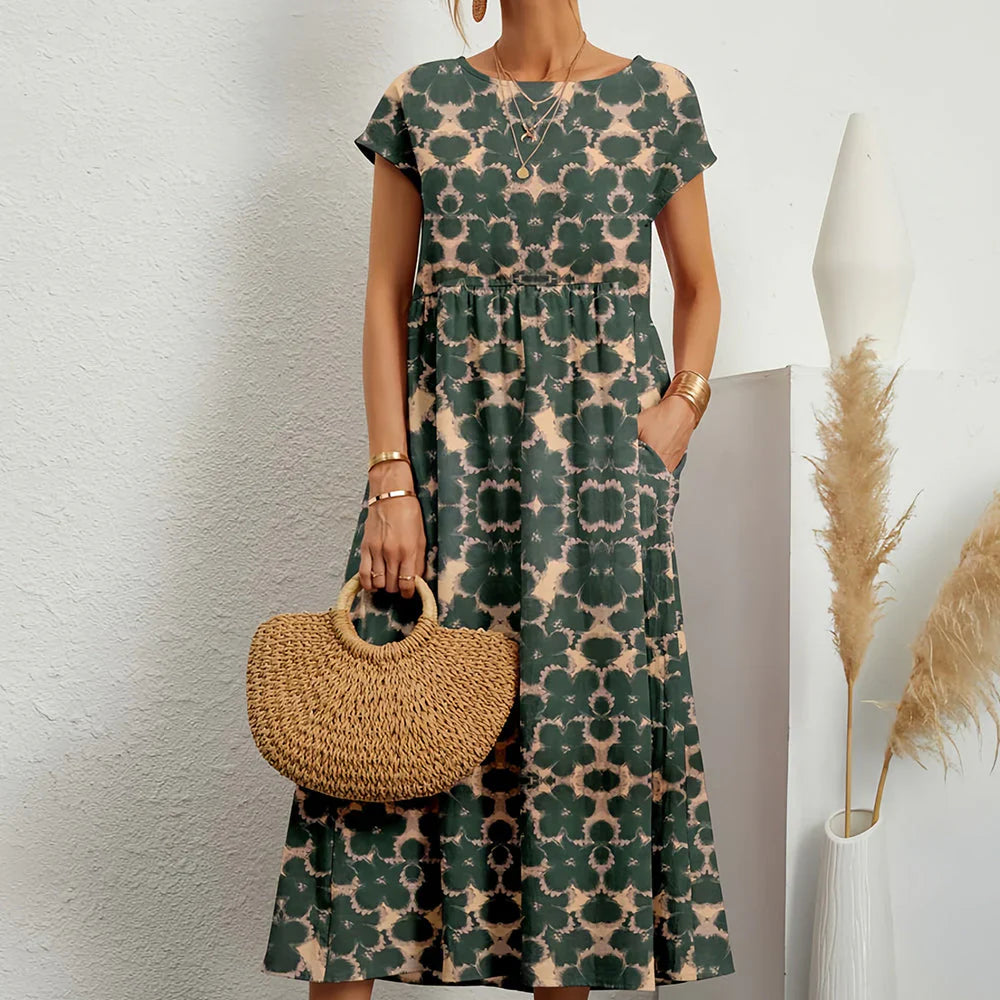 Women's dress in cotton and linen blend with relaxed midi pattern