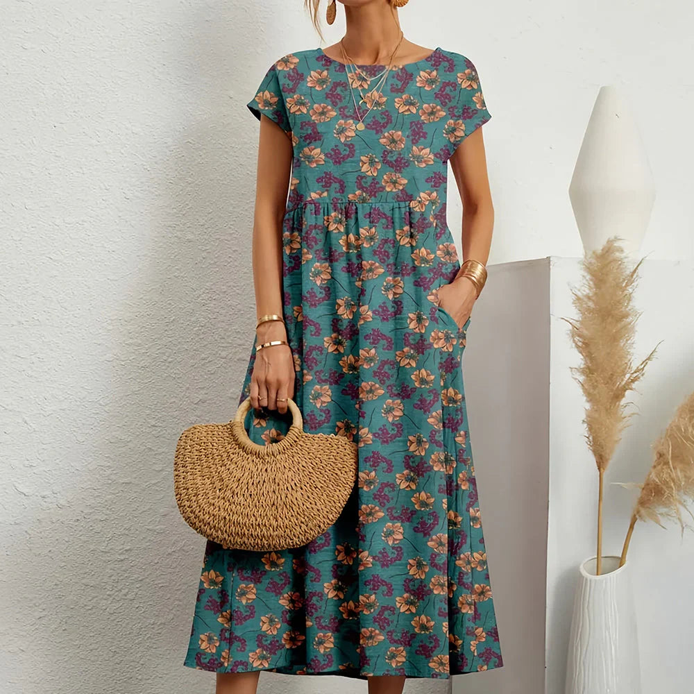 Women's dress in cotton and linen blend with relaxed midi pattern