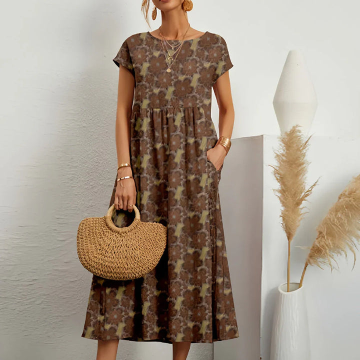 Women's dress in cotton and linen blend with relaxed midi pattern