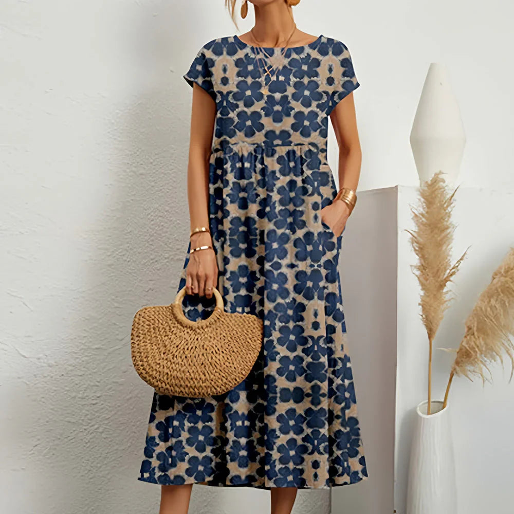 Women's dress in cotton and linen blend with relaxed midi pattern