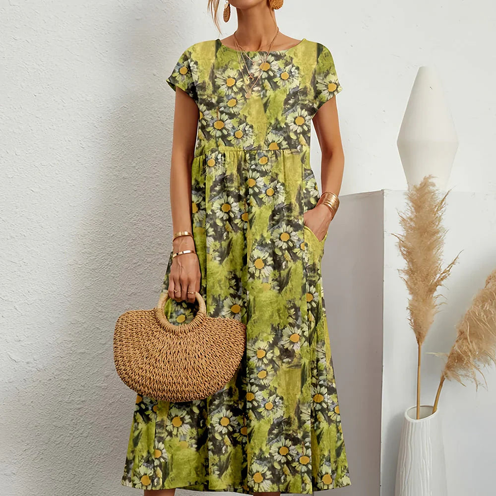 Women's dress in cotton and linen blend with relaxed midi pattern