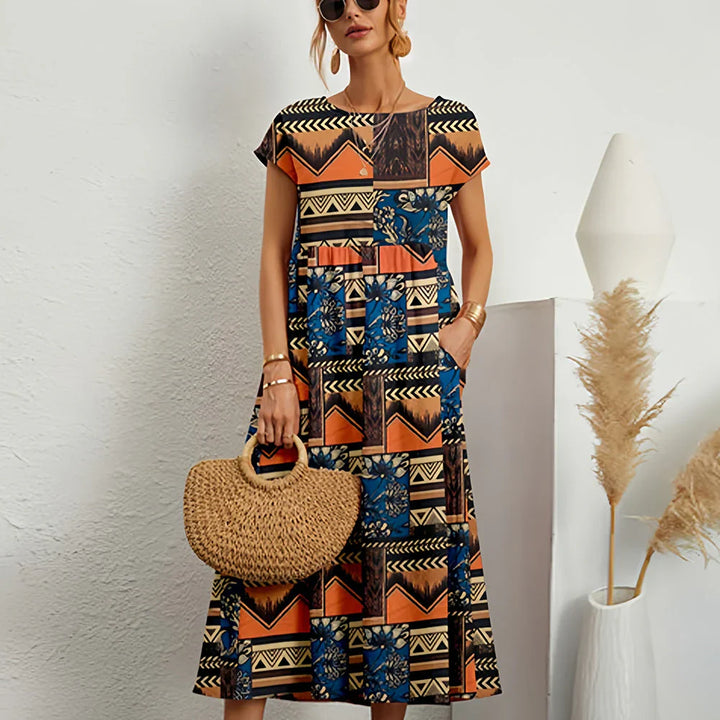 Women's dress in cotton and linen blend with relaxed midi pattern