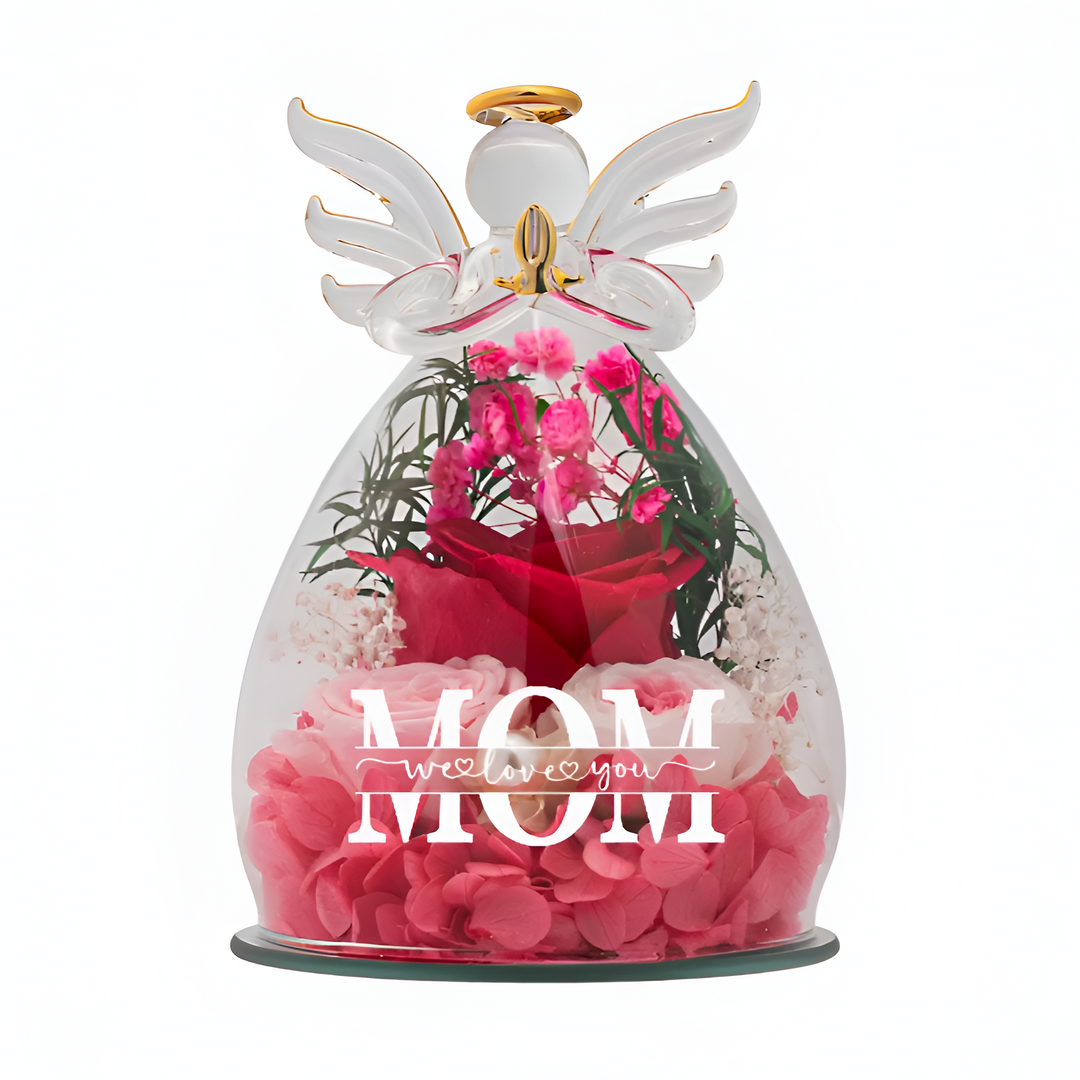 Glassengel med stabilisert rose og LED-lys