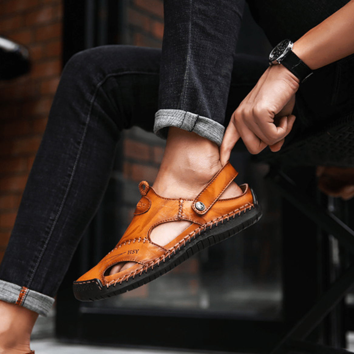 Herresandaler i pustende skinn