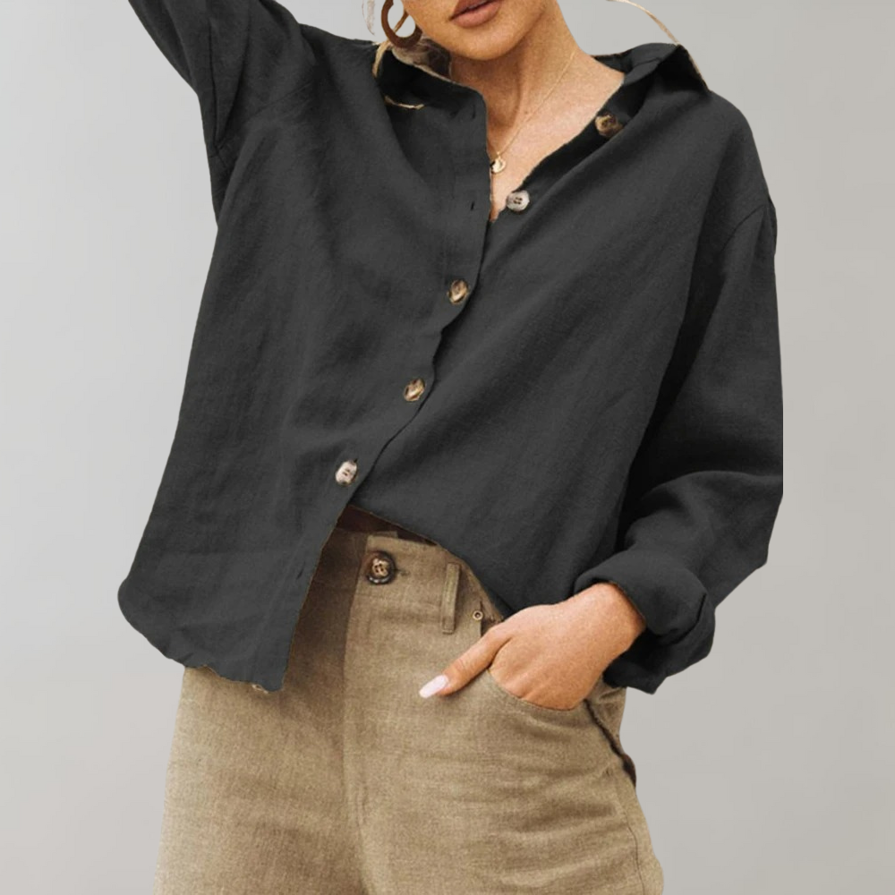 Vintage Lin Bluse for Kvinner med Avslappet Passform og Klassisk Krage