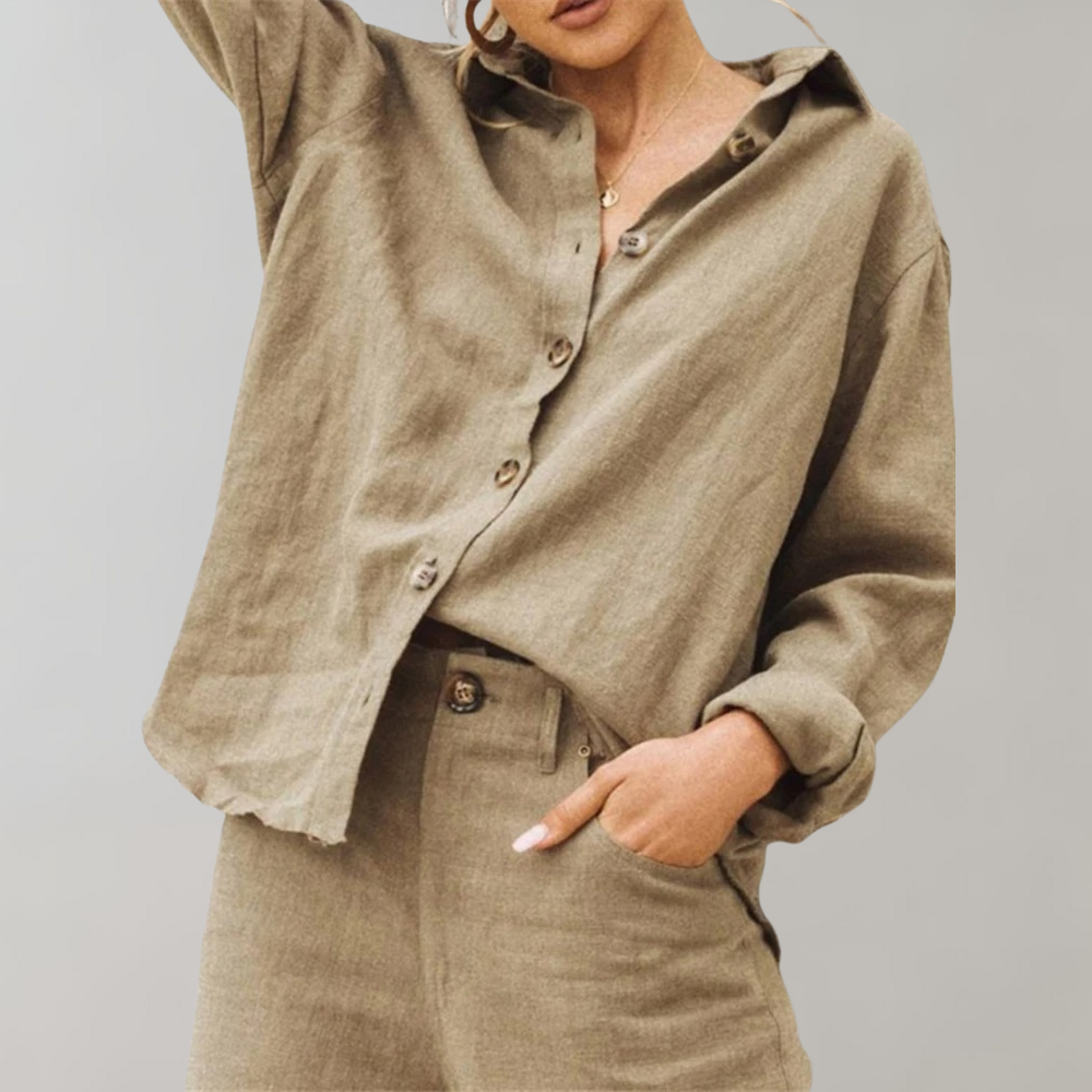 Vintage Lin Bluse for Kvinner med Avslappet Passform og Klassisk Krage