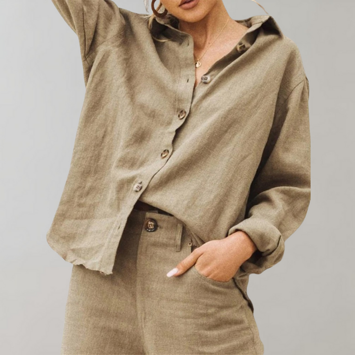 Vintage Lin Bluse for Kvinner med Avslappet Passform og Klassisk Krage