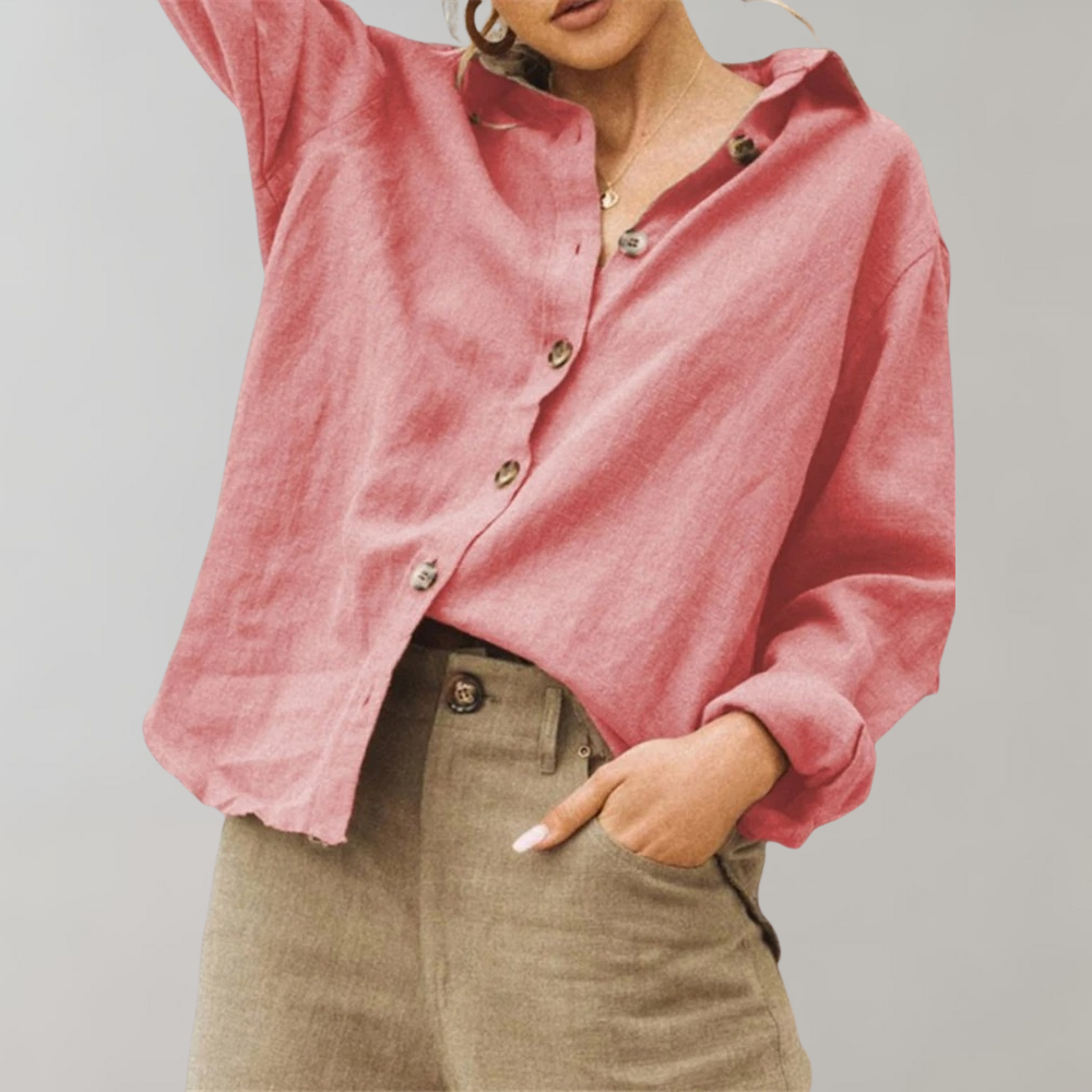 Vintage Lin Bluse for Kvinner med Avslappet Passform og Klassisk Krage