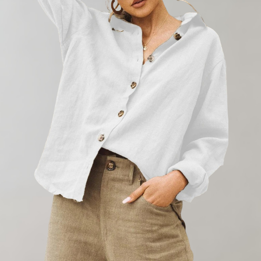 Vintage Lin Bluse for Kvinner med Avslappet Passform og Klassisk Krage