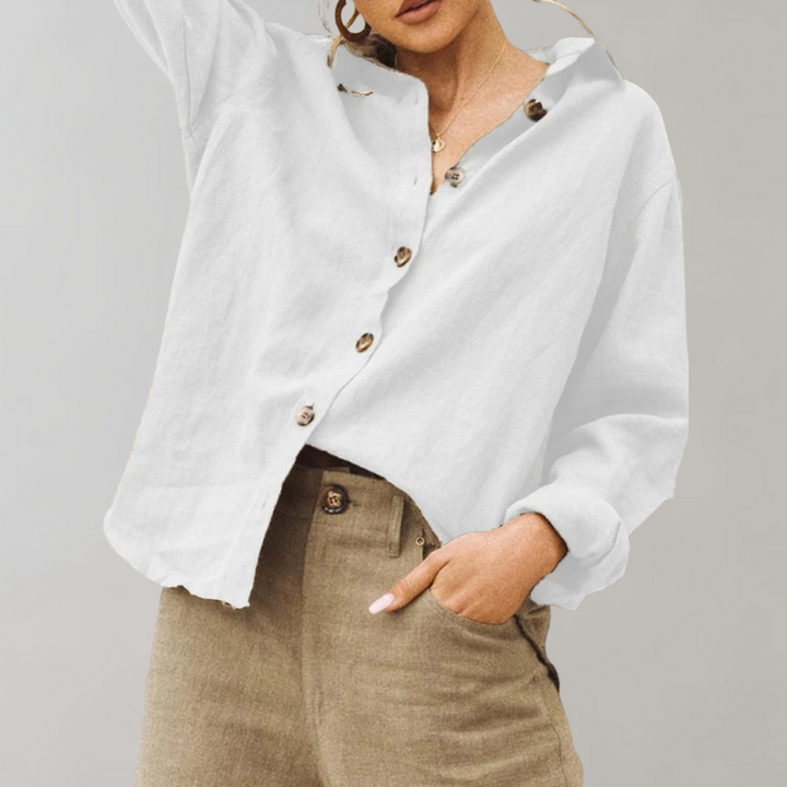 Vintage Lin Bluse for Kvinner med Avslappet Passform og Klassisk Krage