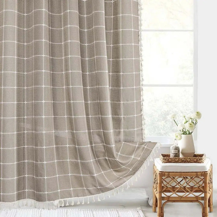 Country-stoff – Boho dusjforheng i lin med frynser