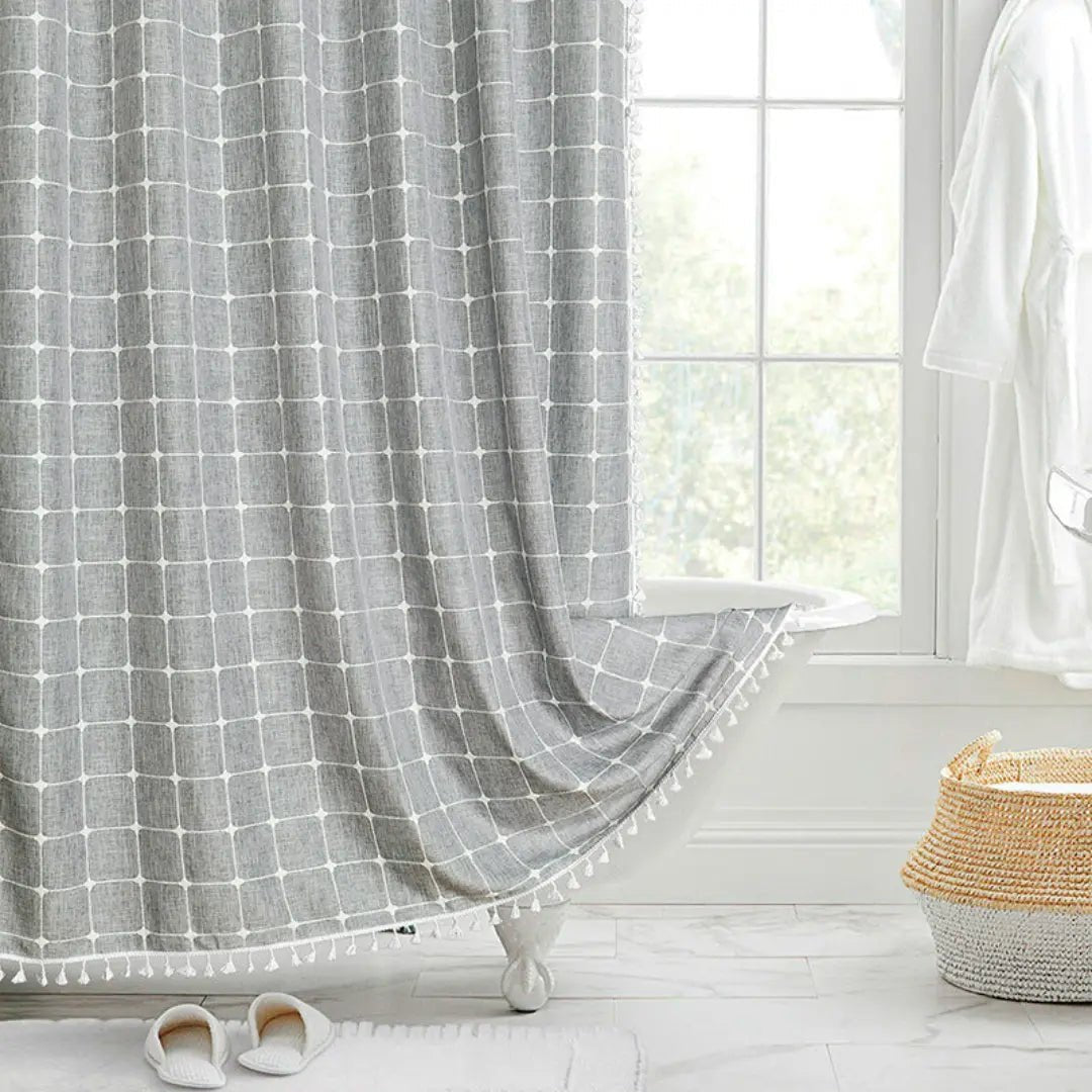Country-stoff – Boho dusjforheng i lin med frynser