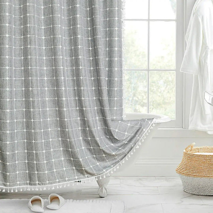 Country-stoff – Boho dusjforheng i lin med frynser