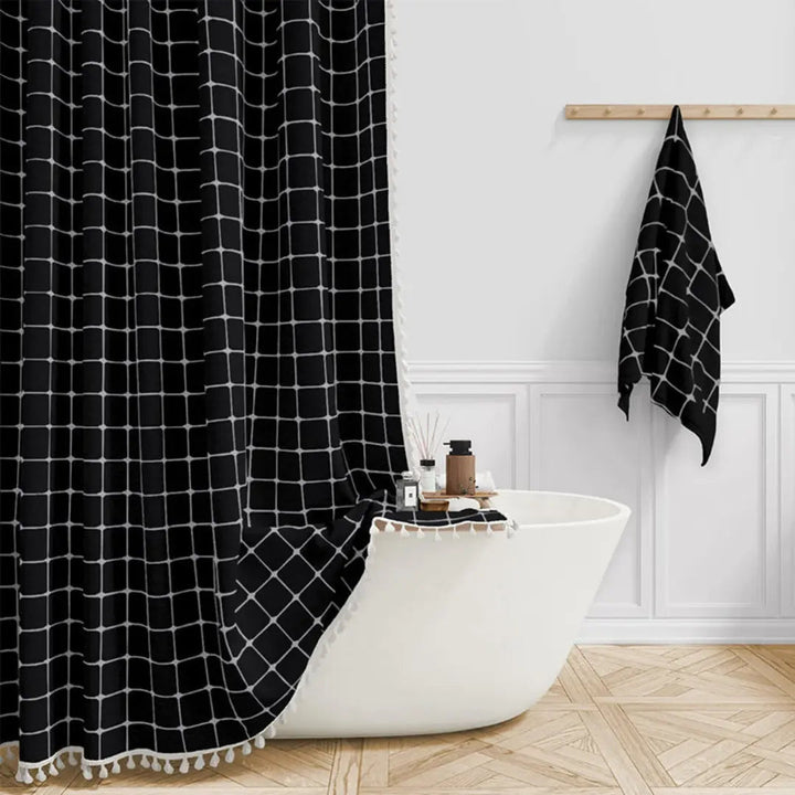Country-stoff – Boho dusjforheng i lin med frynser