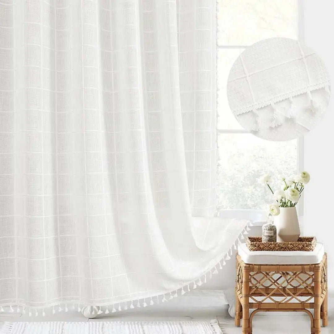 Country-stoff – Boho dusjforheng i lin med frynser