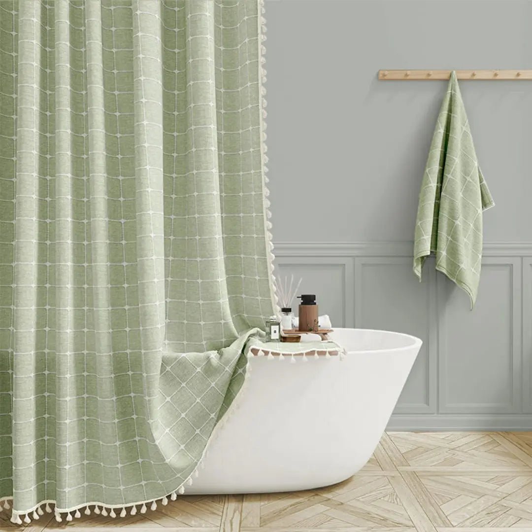 Country-stoff – Boho dusjforheng i lin med frynser