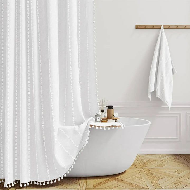 Country-stoff – Boho dusjforheng i lin med frynser