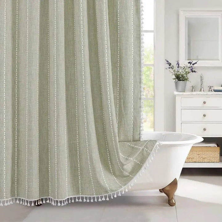 Country-stoff – Boho dusjforheng i lin med frynser